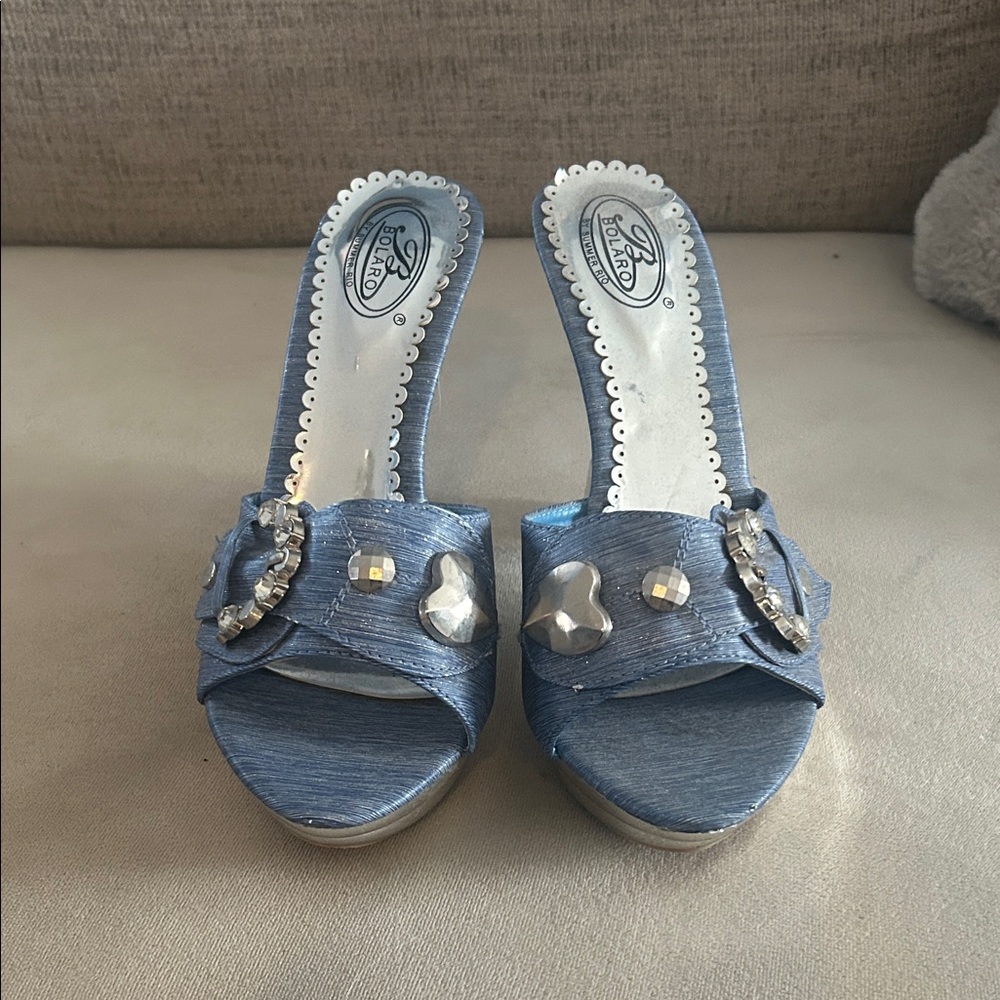 Embellished Denim-Blue Slide Mules with Gem Accents